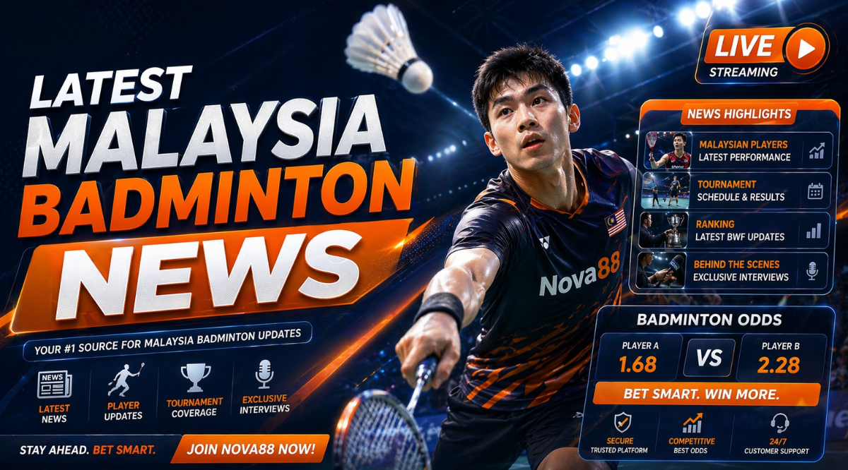 Bold Nova88-themed badminton news banner featuring a semi-realistic player, large “NEWS” headline, shuttlecock, live streaming tag, and betting odds panel.