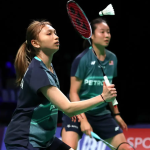 Malaysian teenage badminton players Zi Yu Low and Noraqilah Maisarah celebrating a point at the Uber Cup 2026.