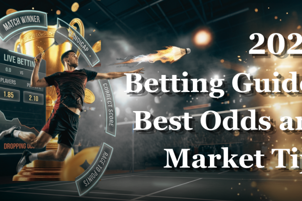 A professional badminton player smashing a flaming shuttlecock, with digital overlays showing 2026 betting odds, markets like Match Winner and Handicap, and a golden trophy background.