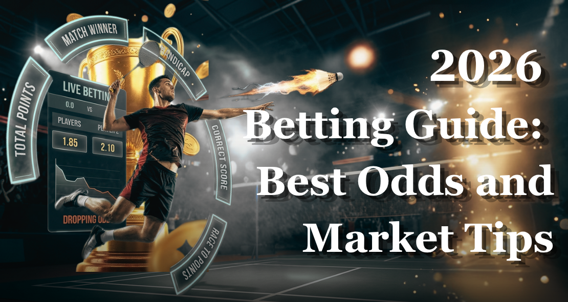 A professional badminton player smashing a flaming shuttlecock, with digital overlays showing 2026 betting odds, markets like Match Winner and Handicap, and a golden trophy background.