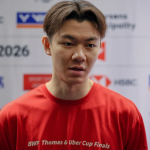 Malaysian badminton star Lee Zii Jia focused and prepared for a serve during the Thomas Cup Finals in Denmark.