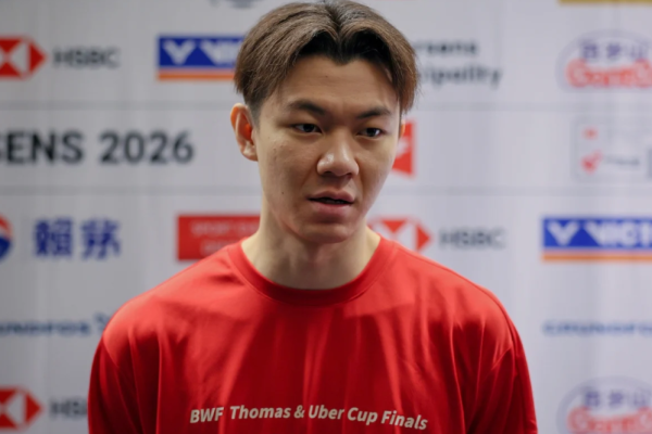 Malaysian badminton star Lee Zii Jia focused and prepared for a serve during the Thomas Cup Finals in Denmark.