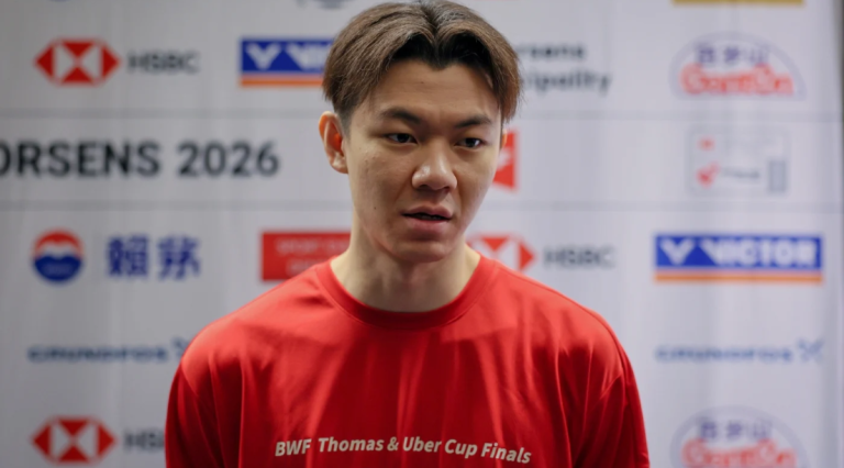 Malaysian badminton star Lee Zii Jia focused and prepared for a serve during the Thomas Cup Finals in Denmark.