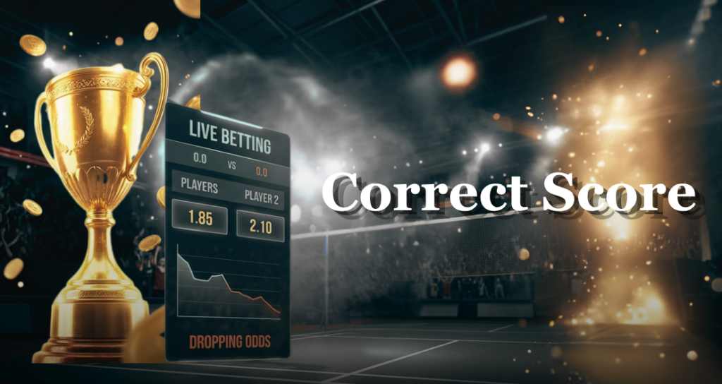 Correct Score betting market visual for badminton matches with a cinematic stadium background.