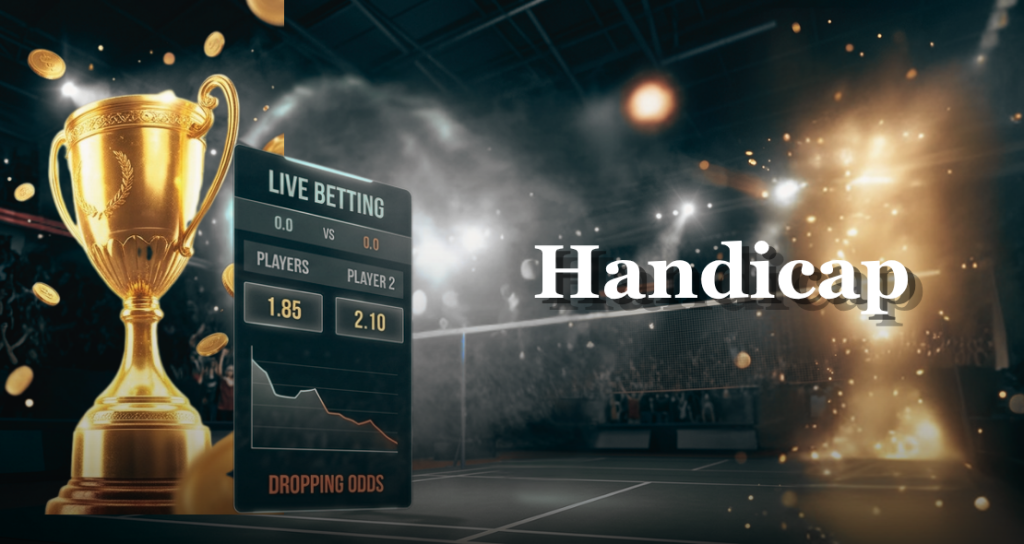 Handicap betting market graphic showing a live betting UI and a blurred badminton court.