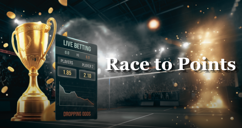 Race to Points badminton betting market graphic with live odds dashboard and golden trophy.