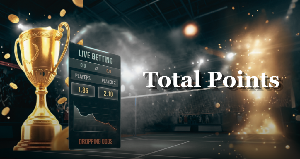 Total Points Over Under betting market graphic with golden cup and live betting stats.