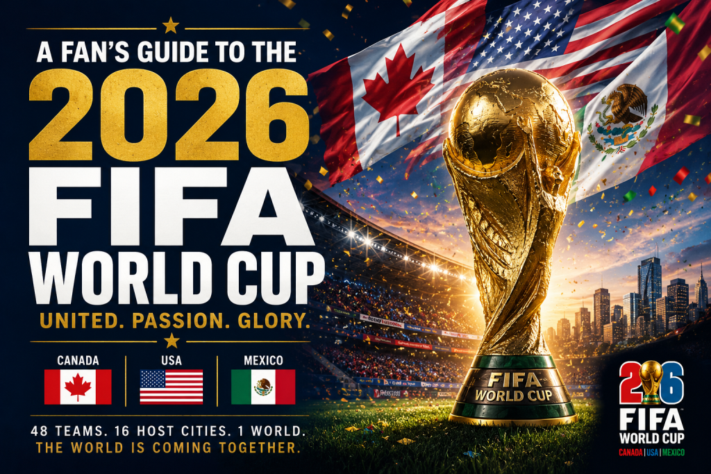 2026 FIFA World Cup promotional image featuring the FIFA World Cup trophy in a stadium with Canada, USA, and Mexico flags, designed for football fans, sportsbook betting insights, and World Cup tournament coverage.