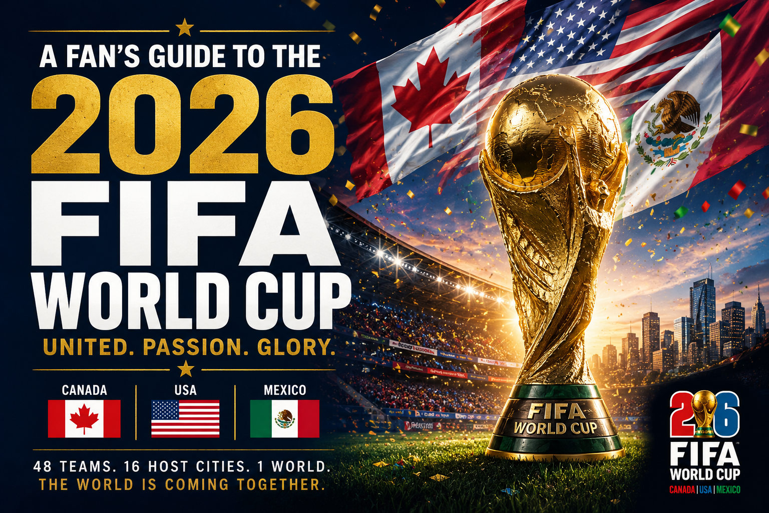 2026 FIFA World Cup promotional image featuring the FIFA World Cup trophy in a stadium with Canada, USA, and Mexico flags, designed for football fans, sportsbook betting insights, and World Cup tournament coverage.