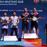 Goh Sze Fei and Nur Izzuddin Rumsani receive silver medals alongside Denmark’s Daniel Lundgaard and Mads Vestergaard with gold medals after the Malaysia Masters 2026 final in Bukit Jalil