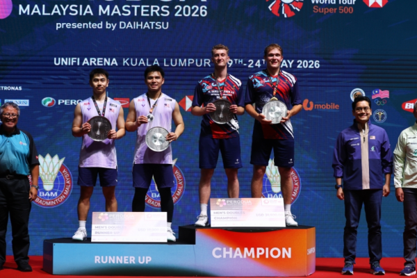 Goh Sze Fei and Nur Izzuddin Rumsani receive silver medals alongside Denmark’s Daniel Lundgaard and Mads Vestergaard with gold medals after the Malaysia Masters 2026 final in Bukit Jalil
