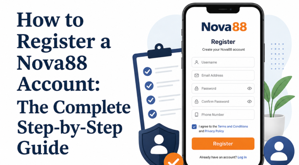 A modern Nova88 registration guide banner featuring bold Georgia font text on the left and a smartphone registration form illustration on the right with secure account icons and clean blue-orange design elements.