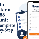 A modern Nova88 registration guide banner featuring bold Georgia font text on the left and a smartphone registration form illustration on the right with secure account icons and clean blue-orange design elements.