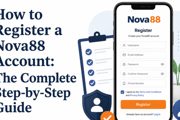 A modern Nova88 registration guide banner featuring bold Georgia font text on the left and a smartphone registration form illustration on the right with secure account icons and clean blue-orange design elements.
