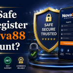Epic 3D sportsbook-themed Nova88 registration safety banner featuring a secure mobile signup screen, shield protection icon, football elements, and bold Georgia font text asking “Is it Safe to Register a Nova88 Account?”