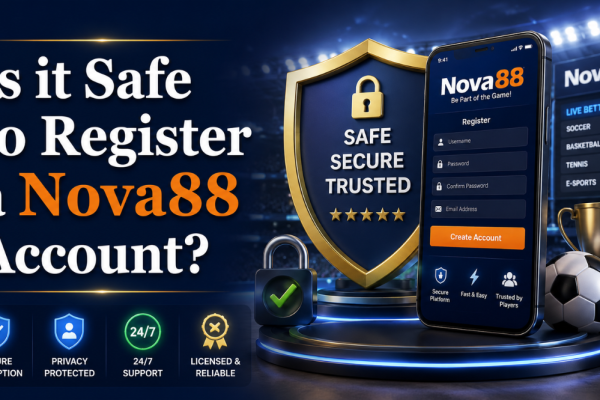 Epic 3D sportsbook-themed Nova88 registration safety banner featuring a secure mobile signup screen, shield protection icon, football elements, and bold Georgia font text asking “Is it Safe to Register a Nova88 Account?”