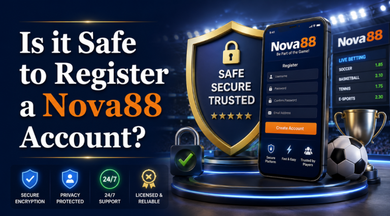 Epic 3D sportsbook-themed Nova88 registration safety banner featuring a secure mobile signup screen, shield protection icon, football elements, and bold Georgia font text asking “Is it Safe to Register a Nova88 Account?”