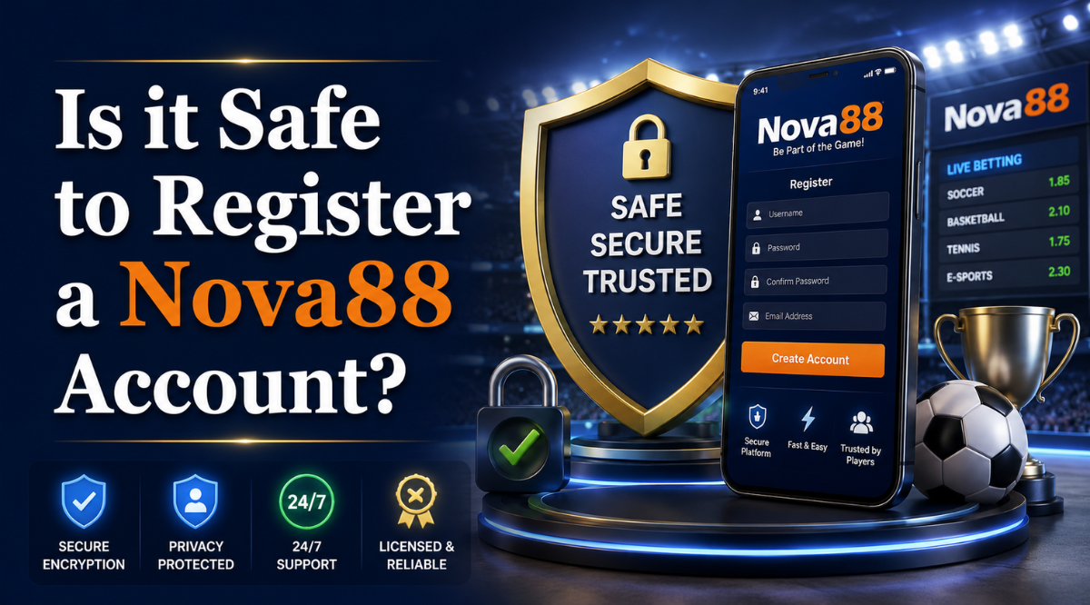 Epic 3D sportsbook-themed Nova88 registration safety banner featuring a secure mobile signup screen, shield protection icon, football elements, and bold Georgia font text asking “Is it Safe to Register a Nova88 Account?”