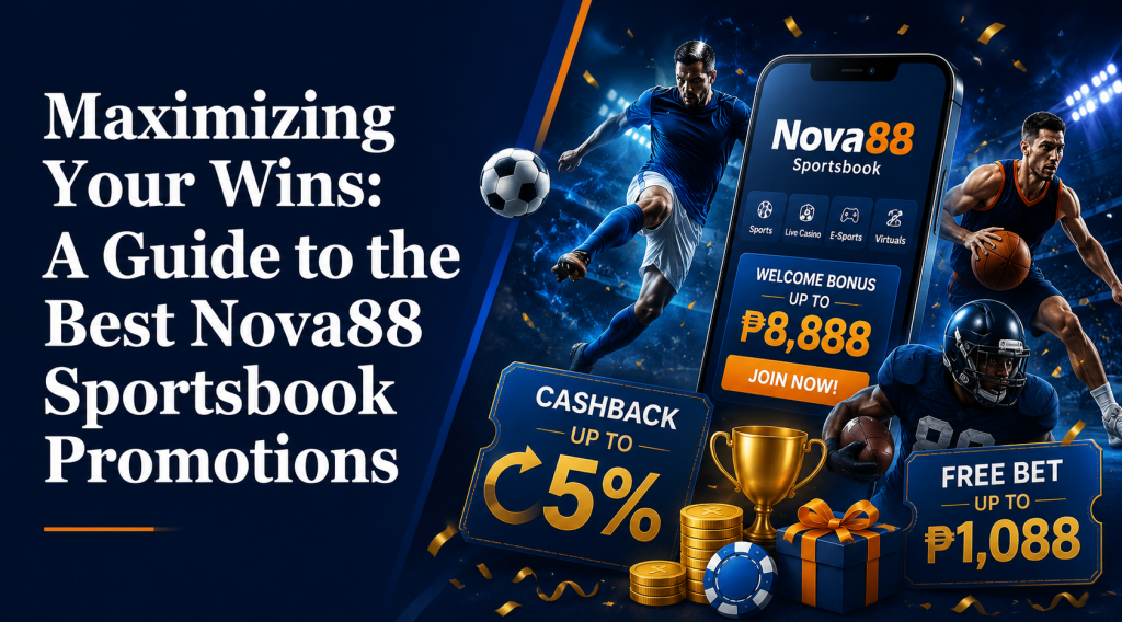 Promotional banner for Nova88 sportsbook promotions featuring bold Georgia-font title text on the left and dynamic sports-themed visuals on the right, including athletes, a smartphone sportsbook app, bonus offers, coins, and trophies.