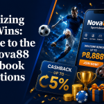 Promotional banner for Nova88 sportsbook promotions featuring bold Georgia-font title text on the left and dynamic sports-themed visuals on the right, including athletes, a smartphone sportsbook app, bonus offers, coins, and trophies.