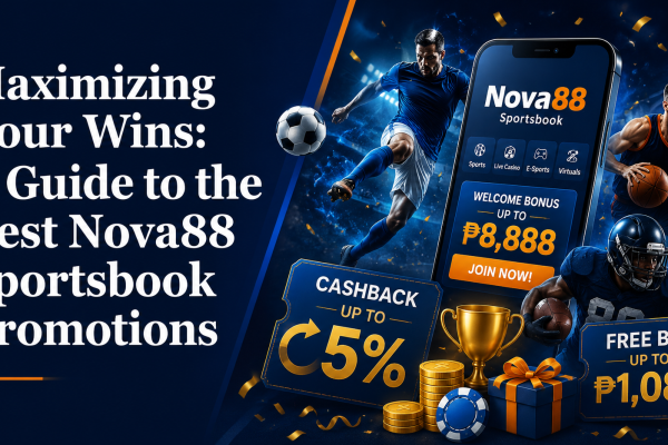 Promotional banner for Nova88 sportsbook promotions featuring bold Georgia-font title text on the left and dynamic sports-themed visuals on the right, including athletes, a smartphone sportsbook app, bonus offers, coins, and trophies.