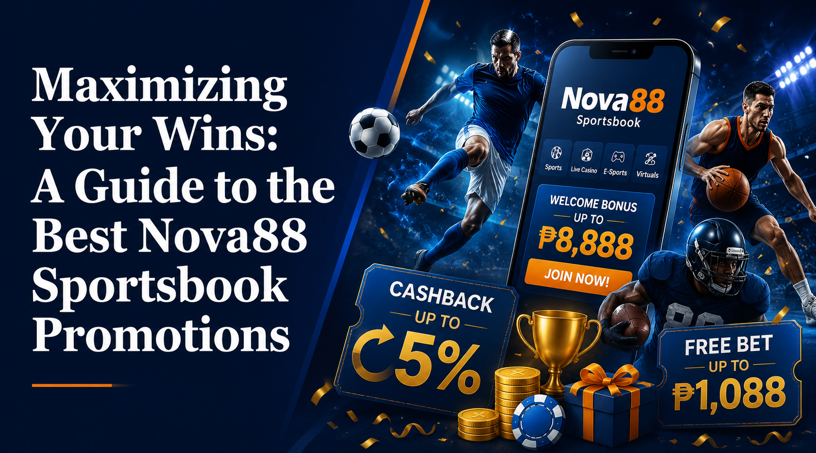 Promotional banner for Nova88 sportsbook promotions featuring bold Georgia-font title text on the left and dynamic sports-themed visuals on the right, including athletes, a smartphone sportsbook app, bonus offers, coins, and trophies.