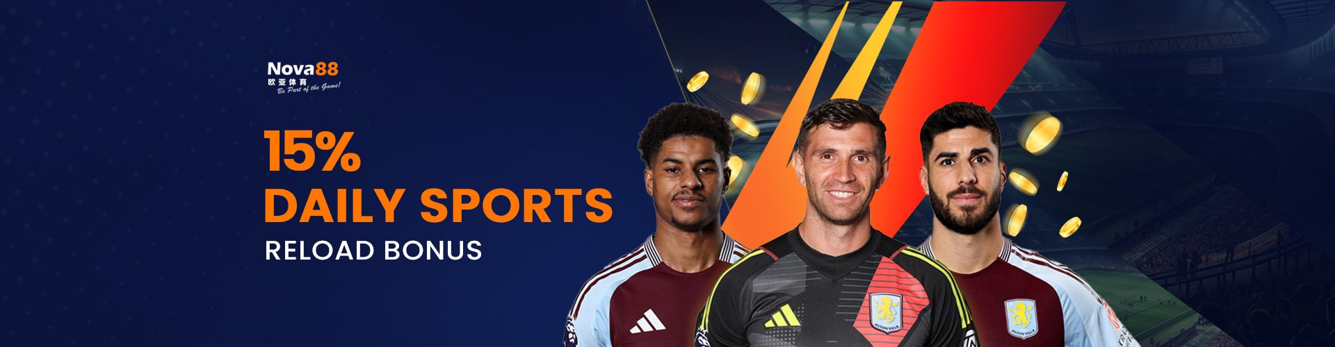 Nova88 promotional banner for a 15% Daily Sports Reload Bonus, featuring Aston Villa football players Leon Bailey, Emiliano Martínez, and Amadou Onana in front of a stadium backdrop