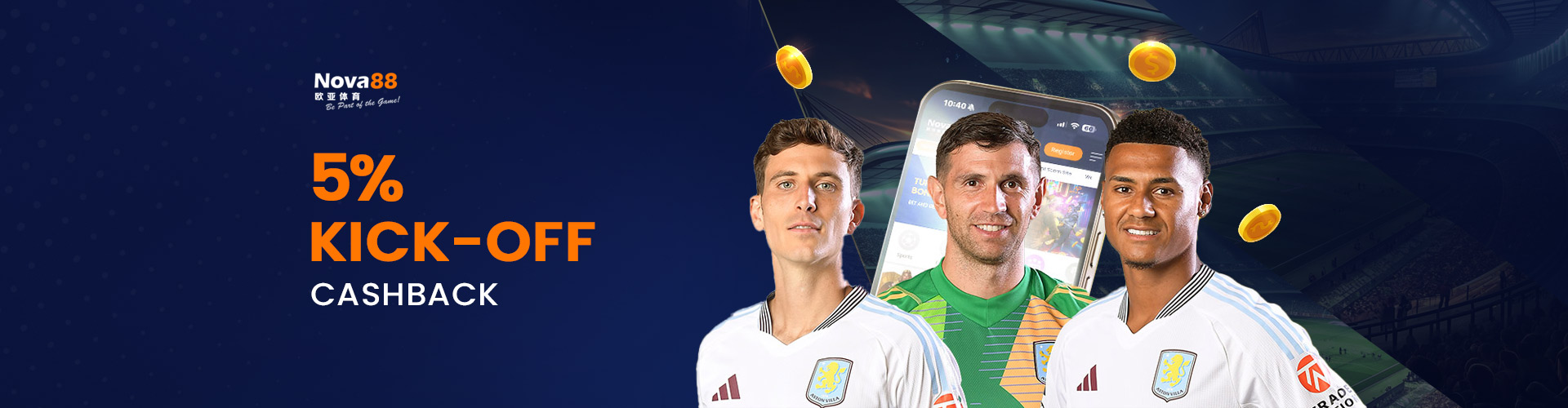 Nova88 promotional banner for a 5% Kick-Off Cashback, featuring Aston Villa football players Pau Torres, Emiliano Martínez, and Ollie Watkins in front of a stadium and mobile interface.