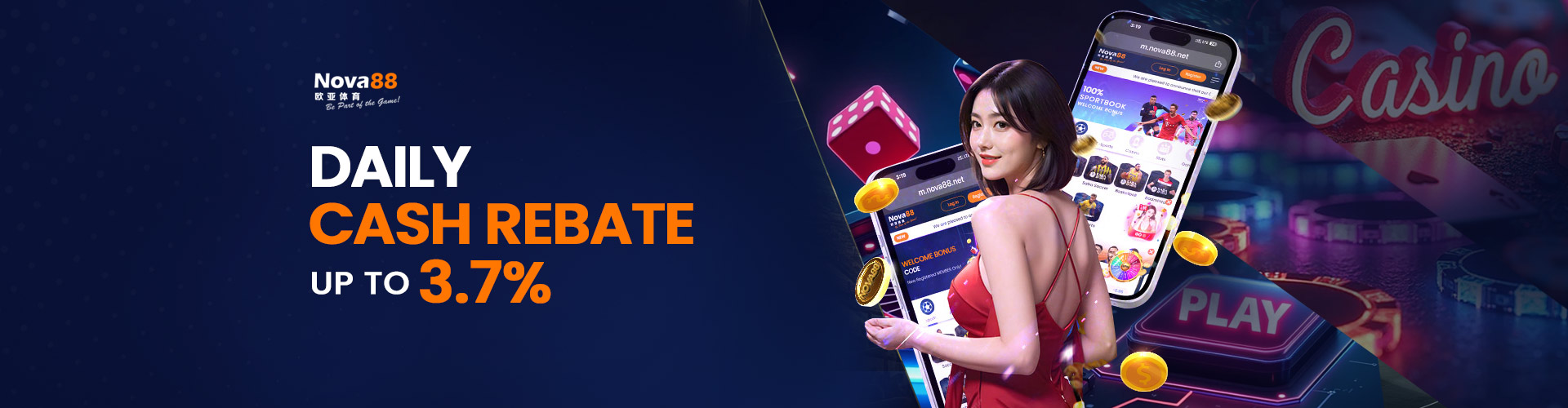 Nova88 promotional banner for Daily Cash Rebate up to 3.7%, featuring a woman in a red dress alongside mobile interfaces showing the Nova88 platform and casino elements