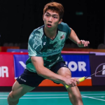 Macau Open campaign featuring Eogene Ewe in high-intensity action during a singles match.