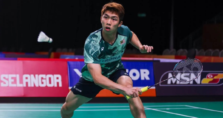 Macau Open campaign featuring Eogene Ewe in high-intensity action during a singles match.