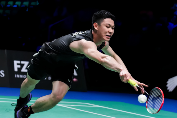 Macau Open Campaign featuring Lee Zii Jia in high-intensity action during a match.