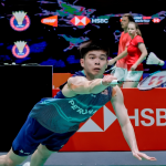 Indonesia Open progress featuring Malaysian singles star Leong Jun Hao on court.