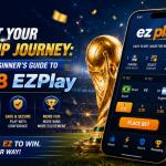 Nova88 EZPlay World Cup betting guide displaying a smartphone interface for easy football predictions beside the golden trophy.
