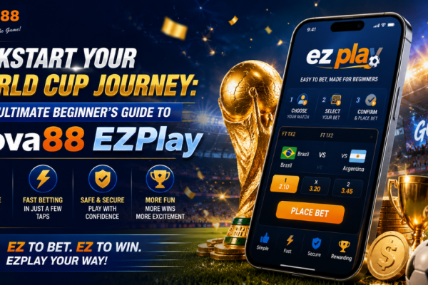 Nova88 EZPlay World Cup betting guide displaying a smartphone interface for easy football predictions beside the golden trophy.