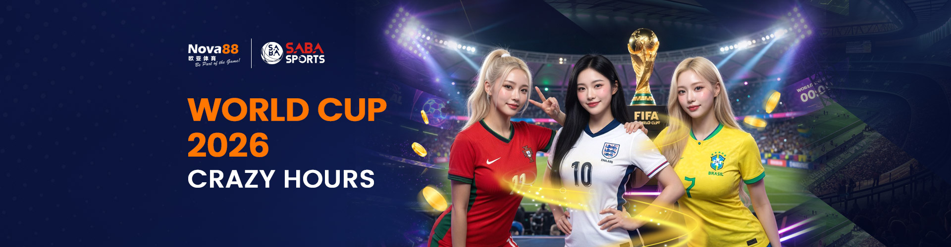 A promotional banner for Nova88 and SABA Sports featuring 'WORLD CUP 2026 CRAZY HOURS' text alongside three women in football jerseys and the FIFA World Cup trophy.