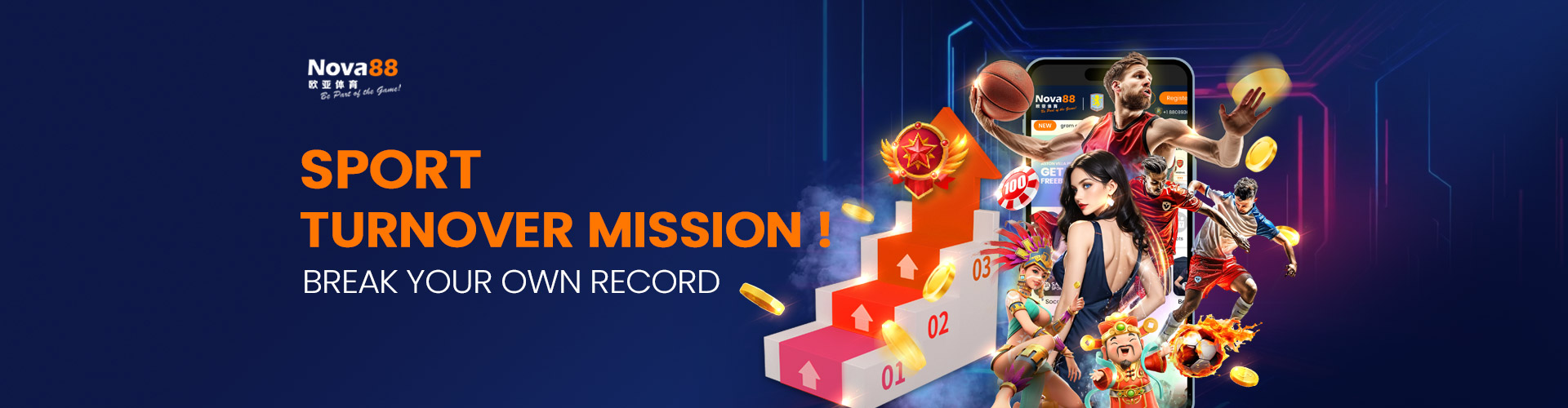 Nova88 promotional banner for the Sport Turnover Mission, featuring a tiered pedestal with a star badge, sports athletes, slot game characters, and a smartphone displaying the platform