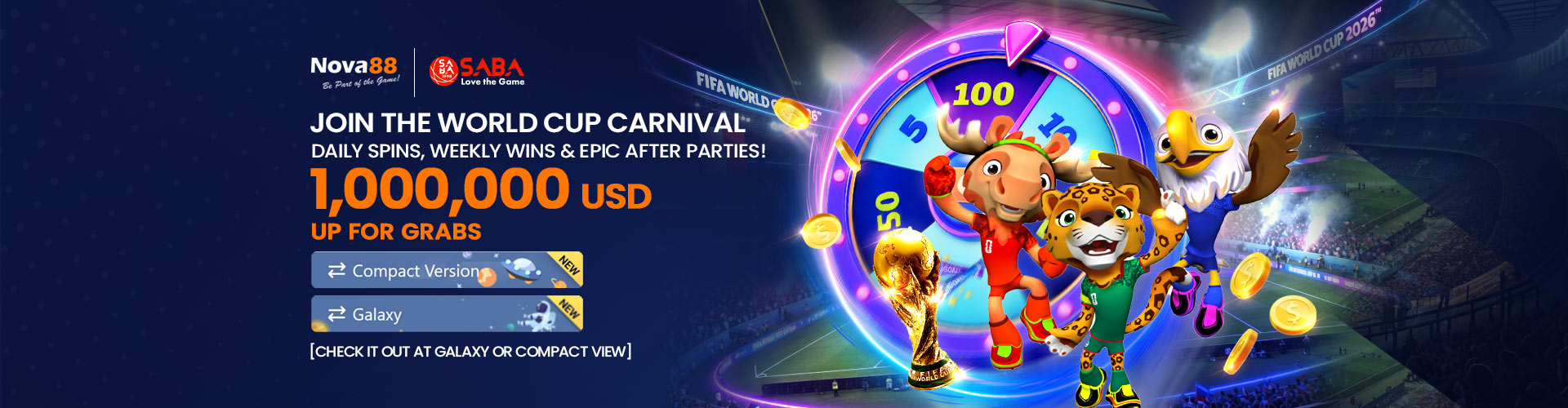 Nova88 and SABA Sports promotional banner for the World Cup Carnival campaign, featuring a 1,000,000 USD prize pool, a lucky spin wheel, the FIFA World Cup trophy, and animated mascot characters in a stadium