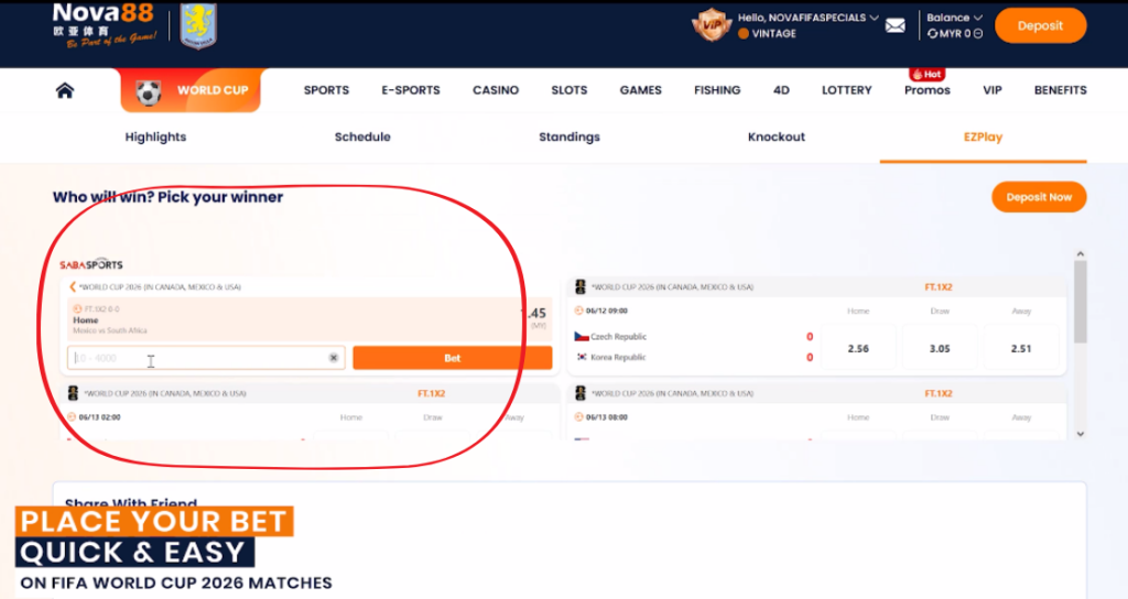 Nova88 platform showing how to place a quick bet on World Cup 2026 matches, with a red circle highlighting the stake input box and orange "Bet" button for the Mexico vs. South Africa fixture.