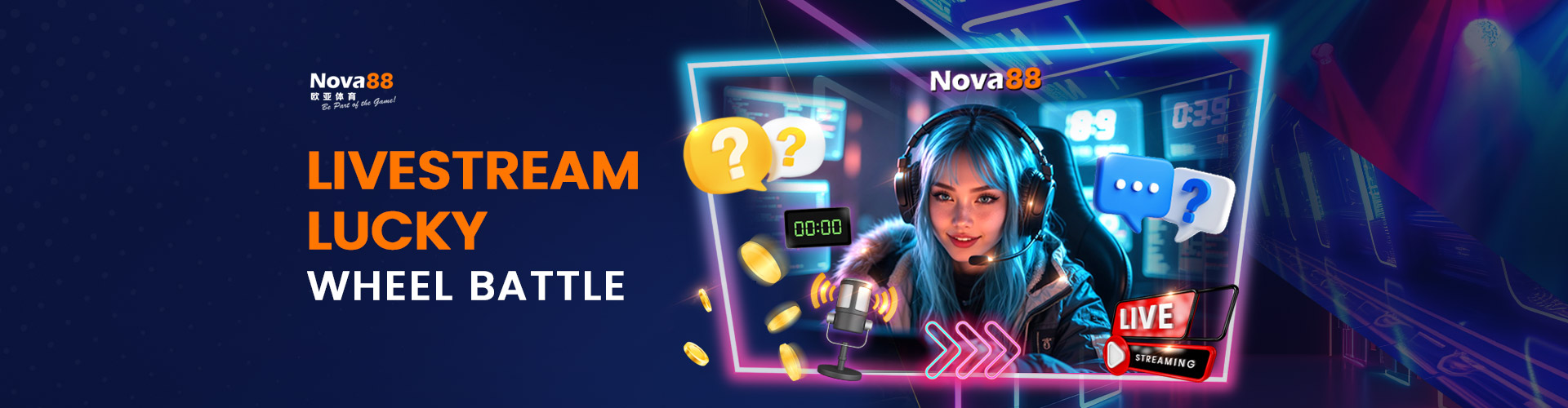 Nova88 Livestream Lucky Wheel Battle promotional banner featuring a female streamer with a headset surrounded by interactive live streaming graphics.
