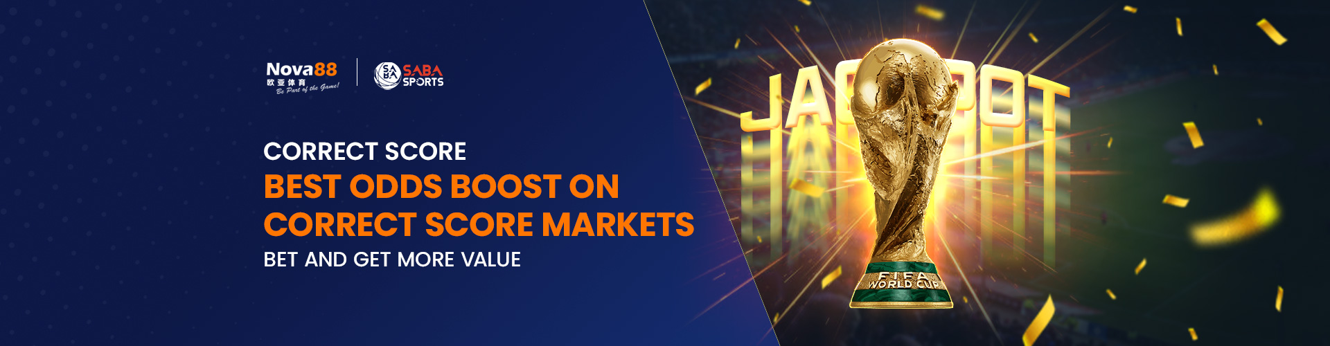 Nova88 and Saba Sports partnership banner for the Correct Score markets promotion featuring the FIFA World Cup trophy and a glowing Jackpot sign.