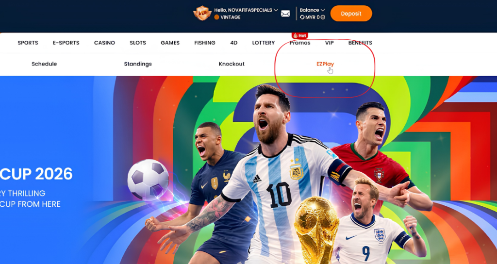Nova88 platform interface for the World Cup 2026 campaign, showcasing the main navigation menu with a red circle highlighting the EZPlay shortcut button above a football promotional banner.