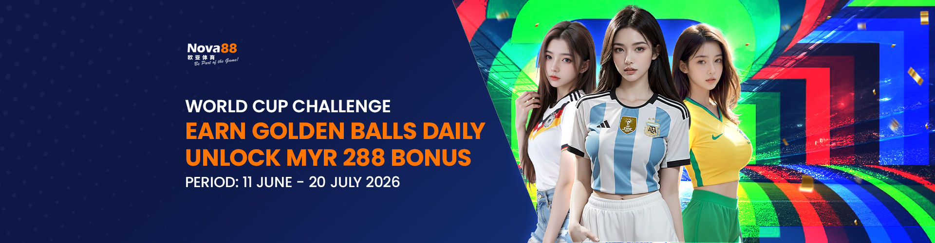 Nova88 World Cup Challenge banner featuring three women in Germany, Argentina, and Brazil football jerseys promoting a MYR 288 daily golden balls bonus.