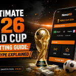 Nova88 2026 World Cup online betting guide banner featuring a smartphone interface showcasing a Brazil vs France match schedule, the FIFA World Cup trophy over cash stacks, and a football player kicking a ball in a packed stadium.