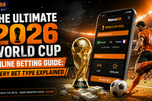 Nova88 2026 World Cup online betting guide banner featuring a smartphone interface showcasing a Brazil vs France match schedule, the FIFA World Cup trophy over cash stacks, and a football player kicking a ball in a packed stadium.