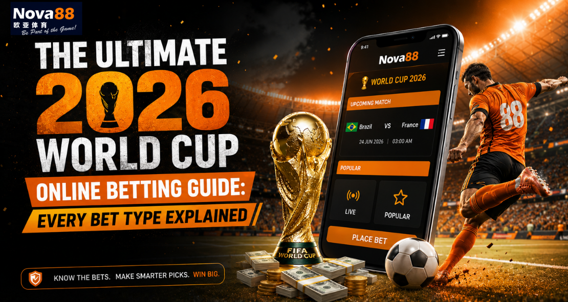 Nova88 2026 World Cup online betting guide banner featuring a smartphone interface showcasing a Brazil vs France match schedule, the FIFA World Cup trophy over cash stacks, and a football player kicking a ball in a packed stadium.