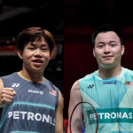 Aaron Chia Scratch Partnership showing Aaron Tai fist pumping and Aaron Chia holding his racket at the China Open.