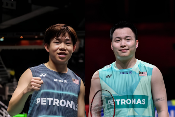 Aaron Chia Scratch Partnership showing Aaron Tai fist pumping and Aaron Chia holding his racket at the China Open.