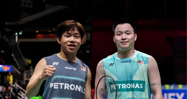 Aaron Chia Scratch Partnership showing Aaron Tai fist pumping and Aaron Chia holding his racket at the China Open.