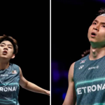 Wei Chong-Wooi Yik debut showing Man Wei Chong looking up and Soh Wooi Yik striking a shot at the Japan Open.